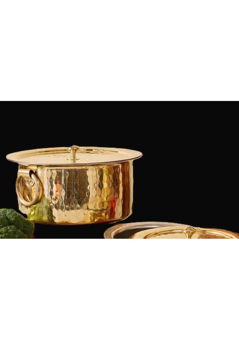 SHAAN mfg. Shaan Mfg Brass Patila for Cooking with Lid | 5 L | 5.3 Qt | Heavy Bottom | Hammered Finish - Indya