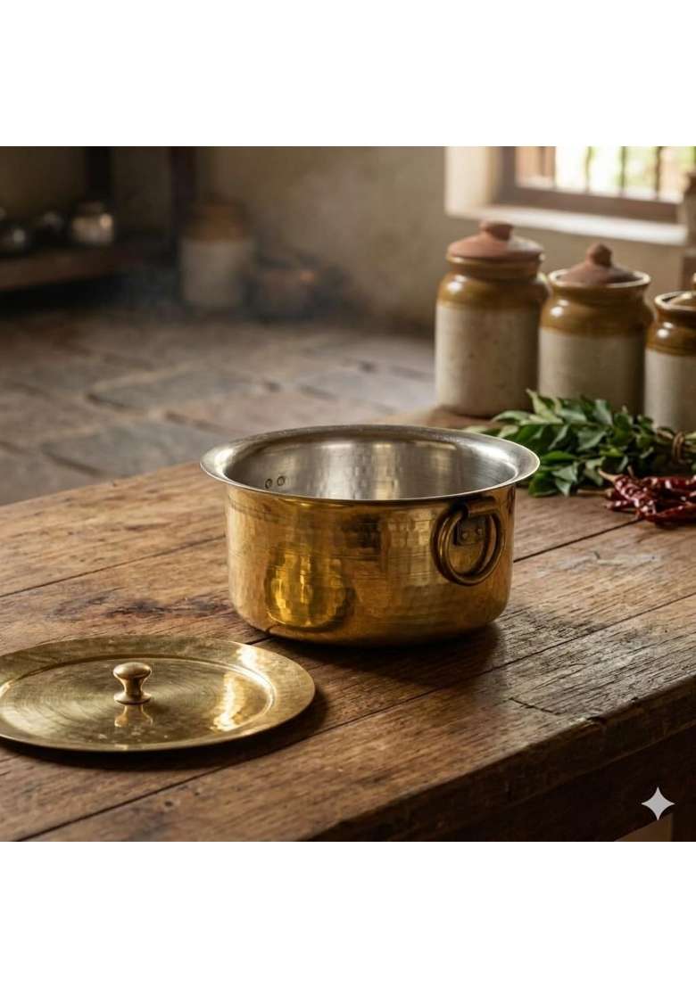 SHAAN mfg. Brass Patila for Cooking | 2 L | 2.1 Qt | Heavy Bottom | Hammered Finish - Indya