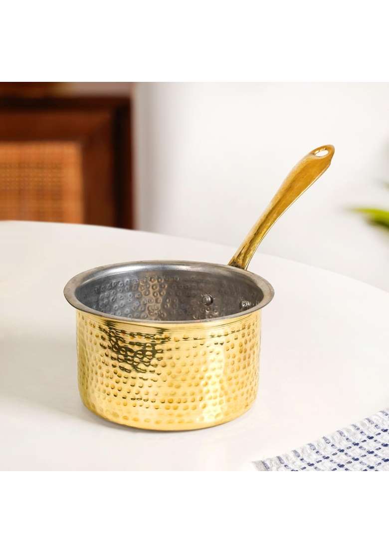 PTAL NAGRI Brass Saucepan with Insulated Heat-Resistant Handle | 1.2 L | 1.3 Qt | Non-Toxic | Non-Stick - Indya