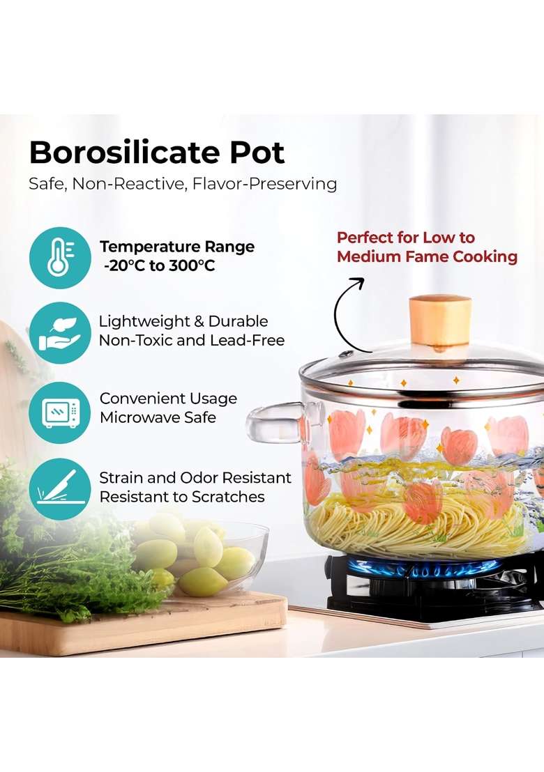 The Better Home Zeno Borosilicate Glass Cookware for Gas Stove | 1.45 L | 1.5 Qt | With Lid - Indya