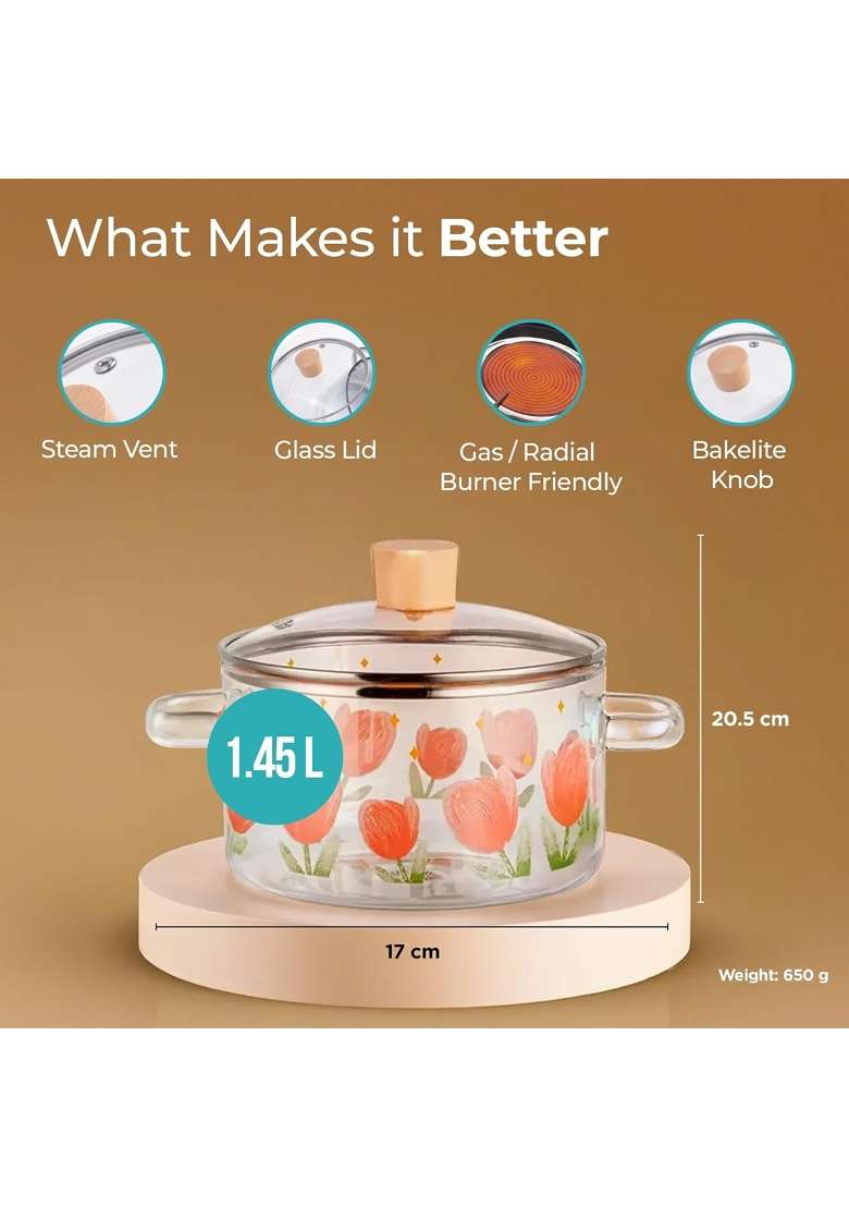 The Better Home Zeno Borosilicate Glass Cookware for Gas Stove | 1.45 L | 1.5 Qt | With Lid - Indya