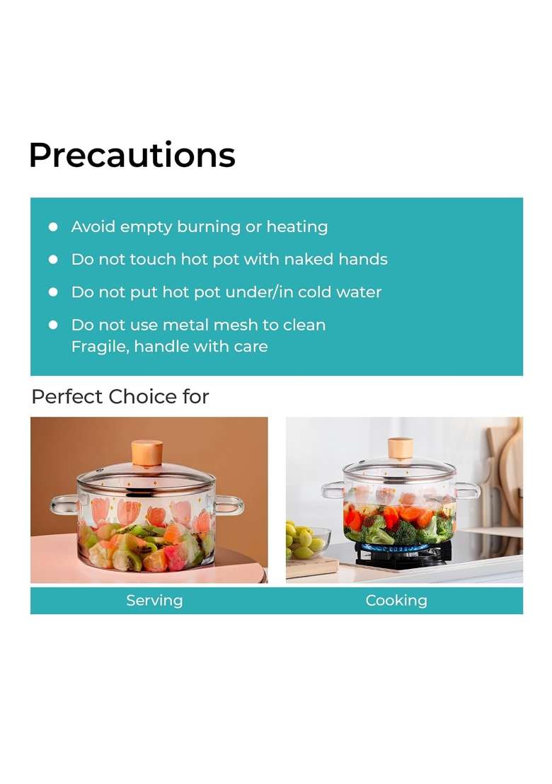 The Better Home Zeno Borosilicate Glass Cookware for Gas Stove | 1.45 L | 1.5 Qt | With Lid - Indya