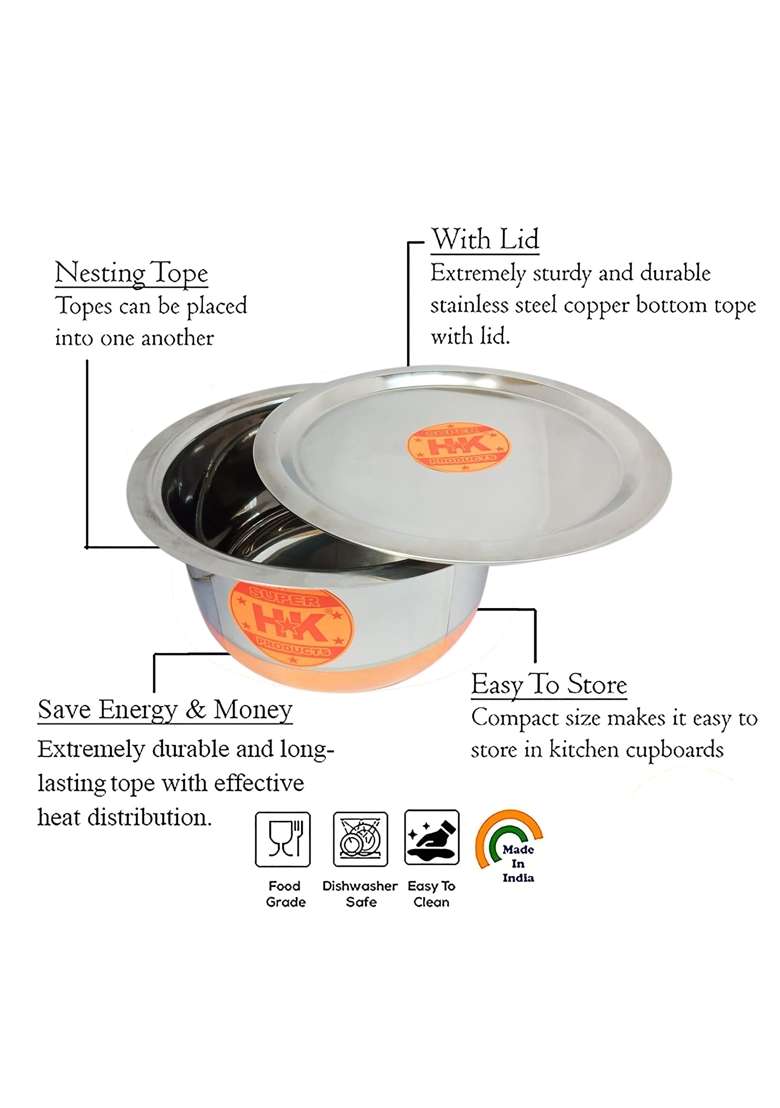 Super HK Stainless Steel Copper Bottom Bhagona Patila Tapeli Pot with LID | 1.5 L | 1.6 Qt - Indya