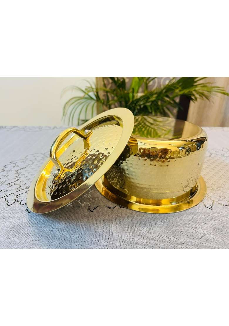 PTAL NAGRI Pure Brass Lagaan Patila Cooking Pot | 2 L | 2.1 Qt | Tin Lined Kalai | Hammered Finish | With Lid - Indya