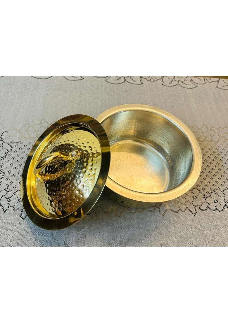 PTAL NAGRI Pure Brass Lagaan Patila Cooking Pot | 2 L | 2.1 Qt | Tin Lined Kalai | Hammered Finish | With Lid - Indya