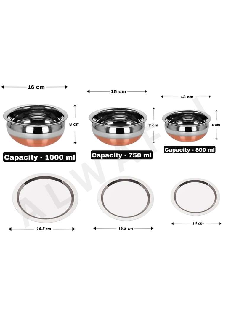 ALWAFLI Stainless Steel Copper Bottom Kitchen Serving | 0.45 L | 0.5 Qt | 3-Piece Set | With Lid - Indya