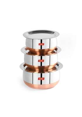 Sumeet Stainless Steel Copper Bottom Belly Shape Tope Cookware Pot Set with Lid | 1.75 L | 1.8 Qt | Pack of 3
