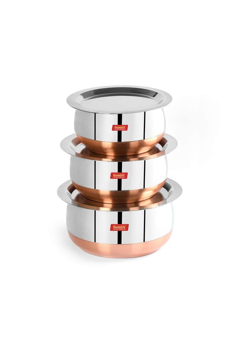 Sumeet Stainless Steel Copper Bottom Belly Shape Tope Cookware Pot Set with Lid | 1.75 L | 1.8 Qt | Pack of 3 - Indya