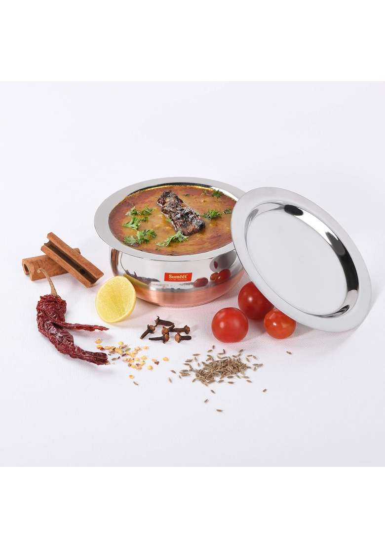 Sumeet Stainless Steel Copper Bottom Belly Shape Tope Cookware Pot Set with Lid | 1.75 L | 1.8 Qt | Pack of 3 - Indya