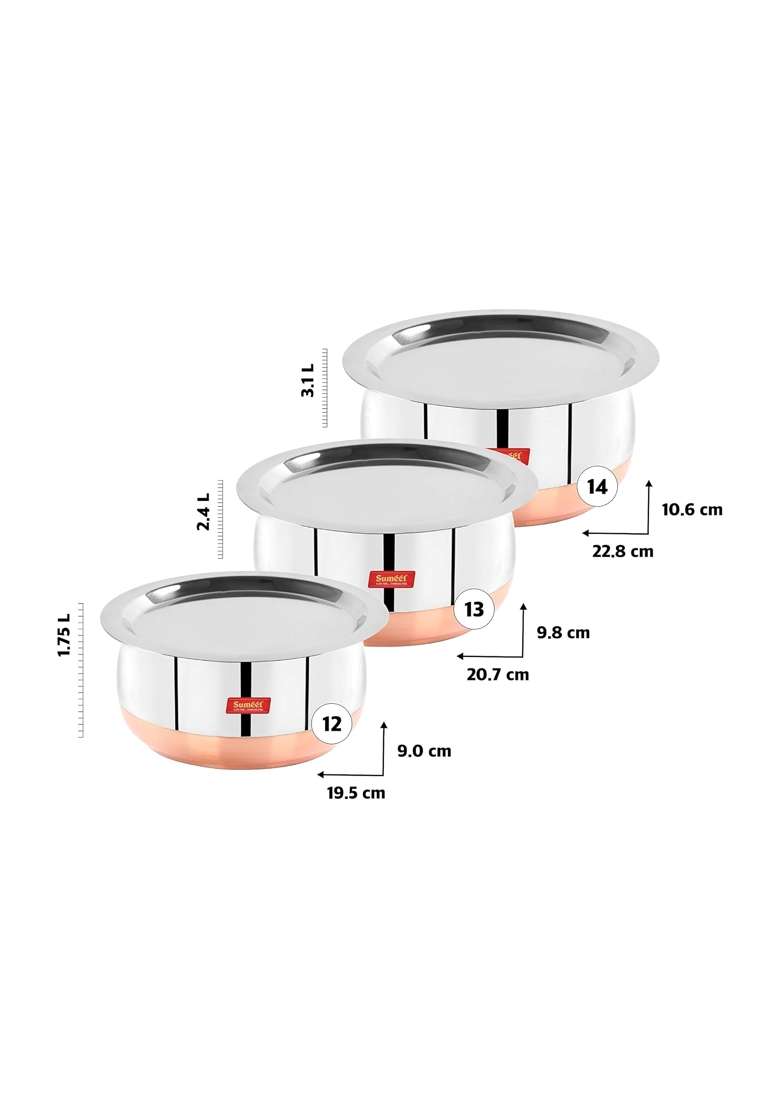 Sumeet Stainless Steel Copper Bottom Belly Shape Tope Cookware Pot Set with Lid | 1.75 L | 1.8 Qt | Pack of 3 - Indya