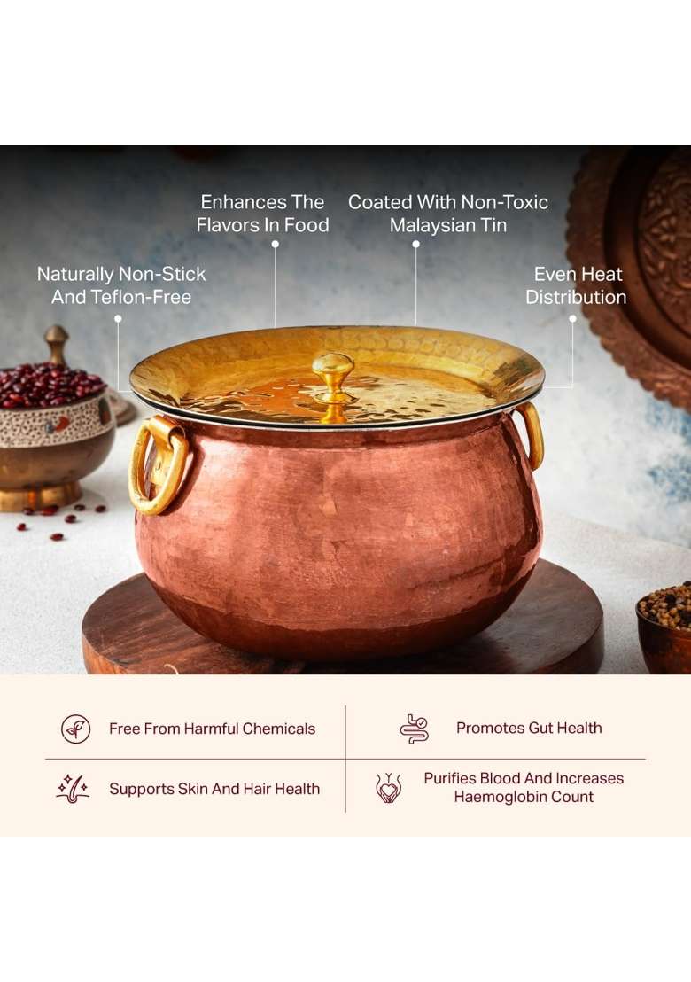 P-TAL Copper Madurai Handi Tin Coated with Lid 100 Pure Copper Degchi Cooking Pot | Non-Toxic | Tin Lined Kalai - Indya