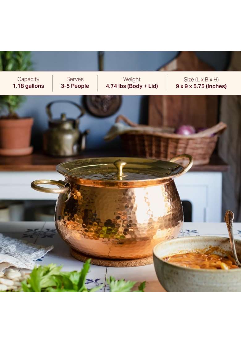 P-TAL Copper Madurai Handi Tin Coated with Lid 100 Pure Copper Degchi Cooking Pot | Non-Toxic | Tin Lined Kalai - Indya
