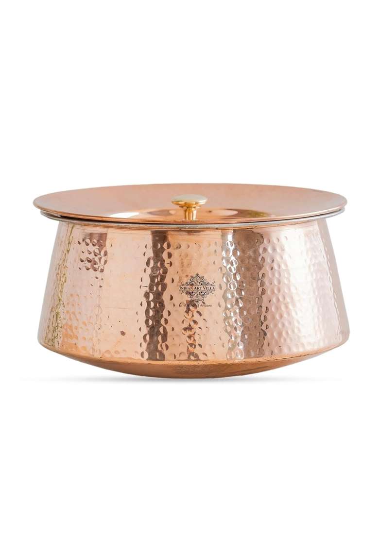 INDIAN ART VILLA Copper Hammered Patila Cooking Pot with Lid | 4 L | 4.2 Qt | 9 Inch | Tin Lined Kalai | Handcrafted - Indya