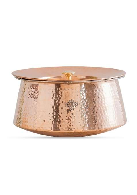 INDIAN ART VILLA Copper Hammered Patila Cooking Pot with Lid | 4 L | 4.2 Qt | 9 Inch | Tin Lined Kalai | Handcrafted