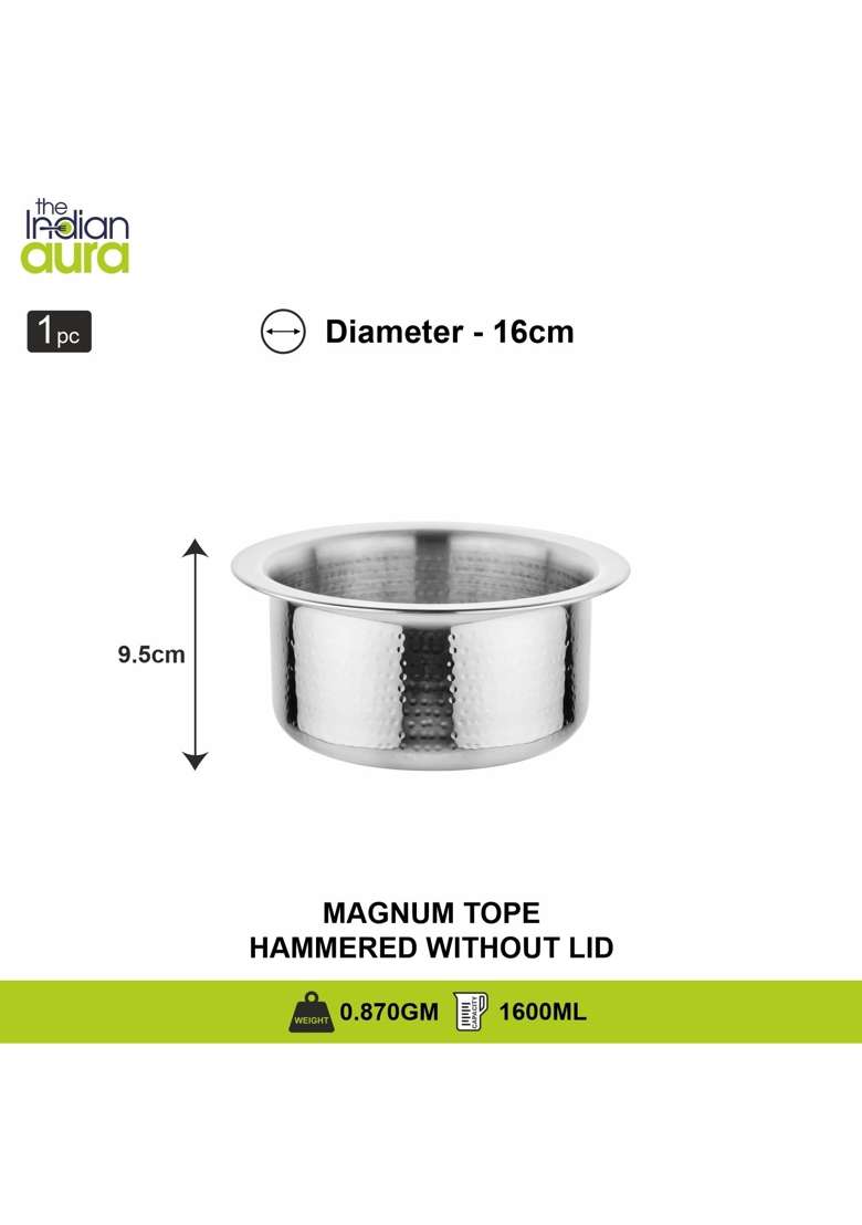 The Indian Aura Stainless Steel Hammered Tope Cooking Pot Without Lid | 1.6 L | 1.7 Qt | 16 cm | 6.3 Inch | Induction Compatible - Indya
