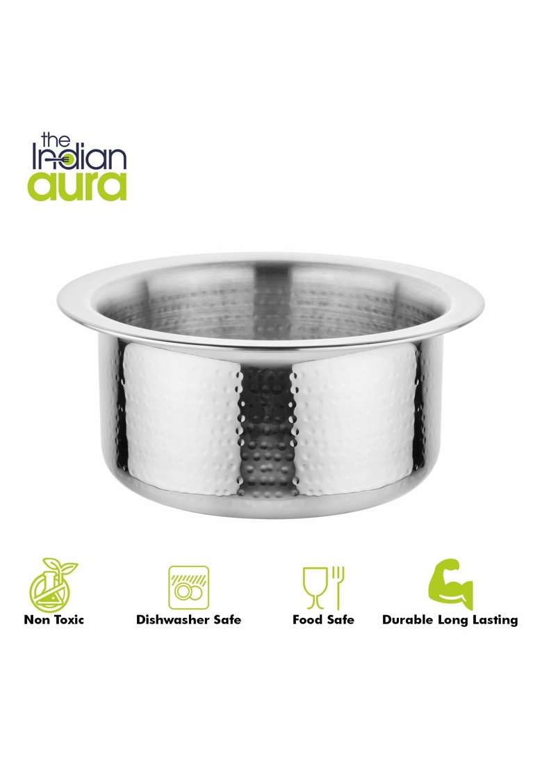 The Indian Aura Stainless Steel Hammered Tope Cooking Pot Without Lid | 1.6 L | 1.7 Qt | 16 cm | 6.3 Inch | Induction Compatible - Indya