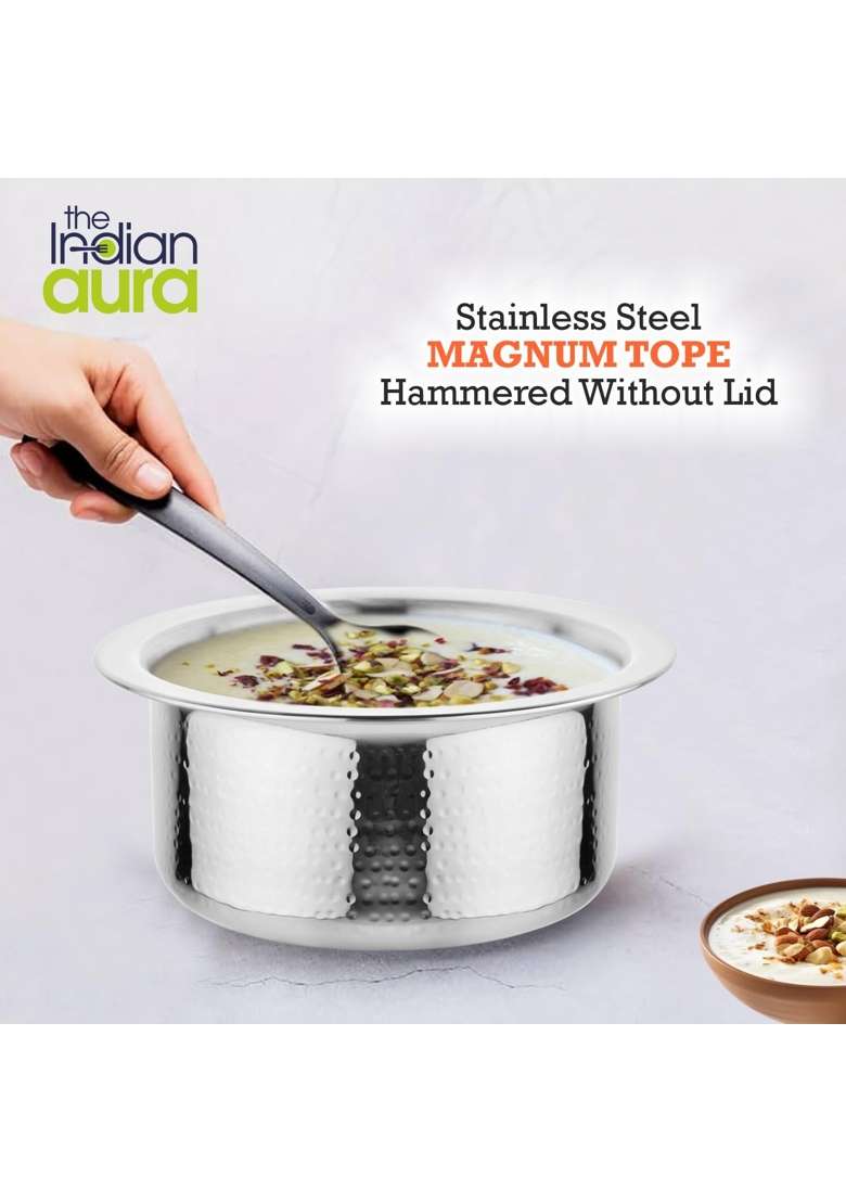 The Indian Aura Stainless Steel Hammered Tope Cooking Pot Without Lid | 1 L | 1.1 Qt | 14 cm | 5.5 Inch | Induction Compatible - Indya