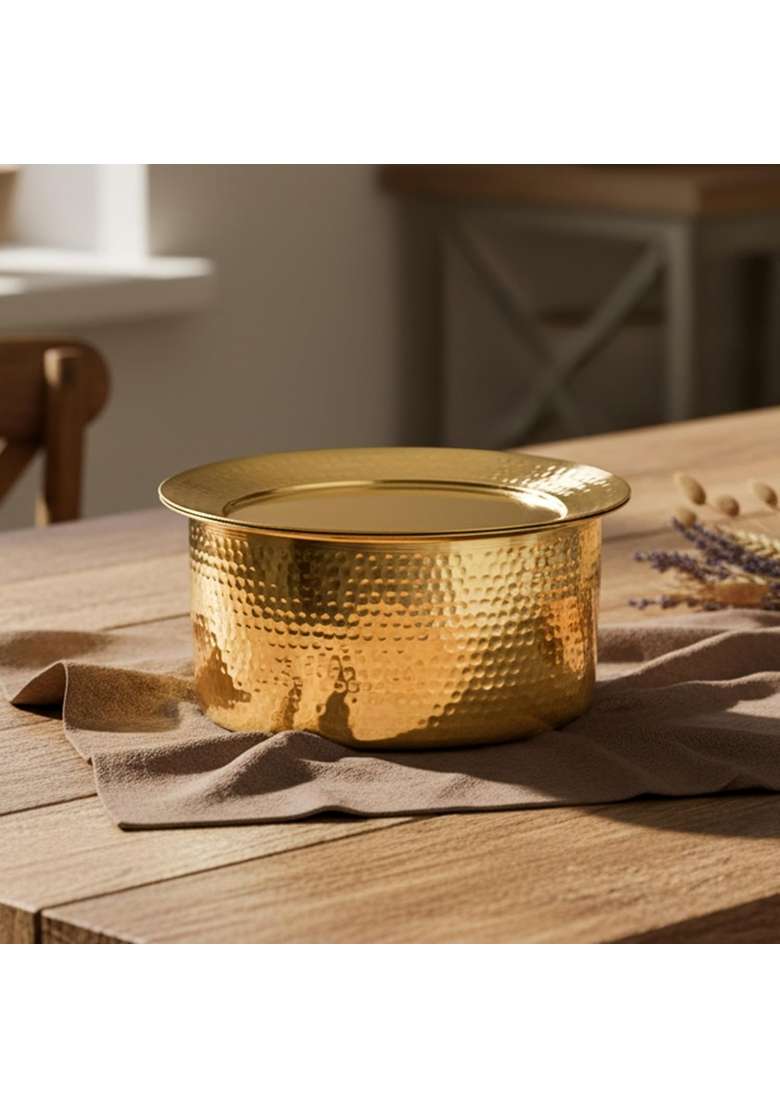 Artarium Pure Brass Lagaan Tin Coated Patila Cooking Pot Hammered Bhagona with Lid Round Tapeli | 1.5 L | 1.6 Qt | Tin Lined Kalai - Indya