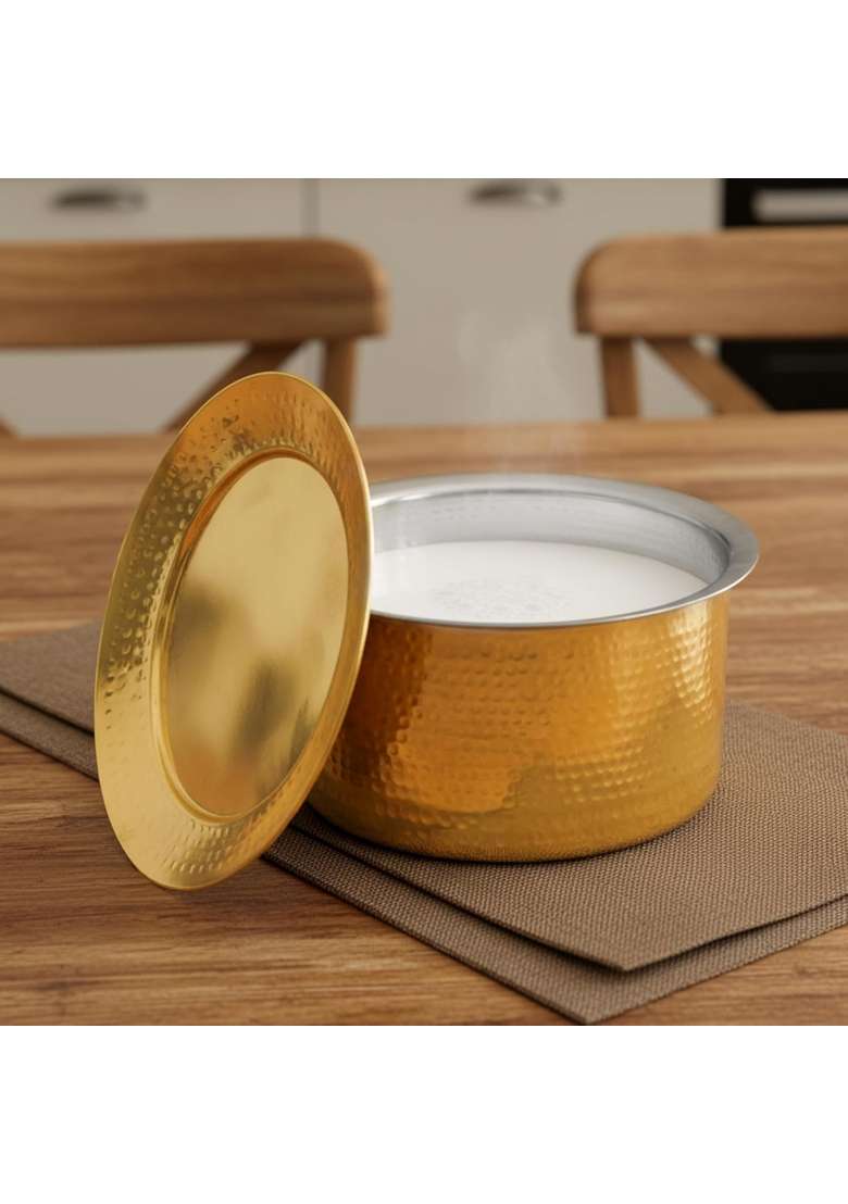 Artarium Pure Brass Lagaan Tin Coated Patila Cooking Pot Hammered Bhagona with Lid Round Tapeli | 1.5 L | 1.6 Qt | Tin Lined Kalai - Indya