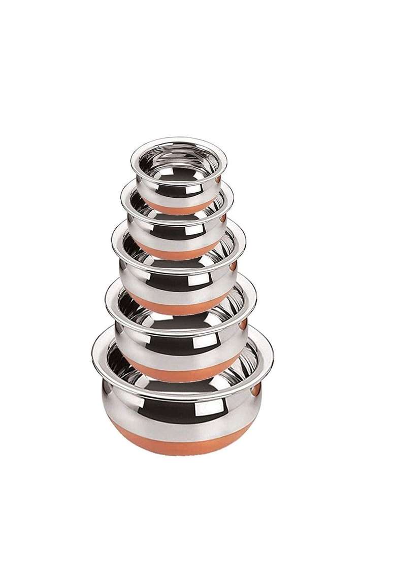 Super HK Stainless Steel Copper Bottom Handi patila Pot Biryani Punjabi Handi Set | 0.5 L | 0.5 Qt | 5-Piece Set - Indya