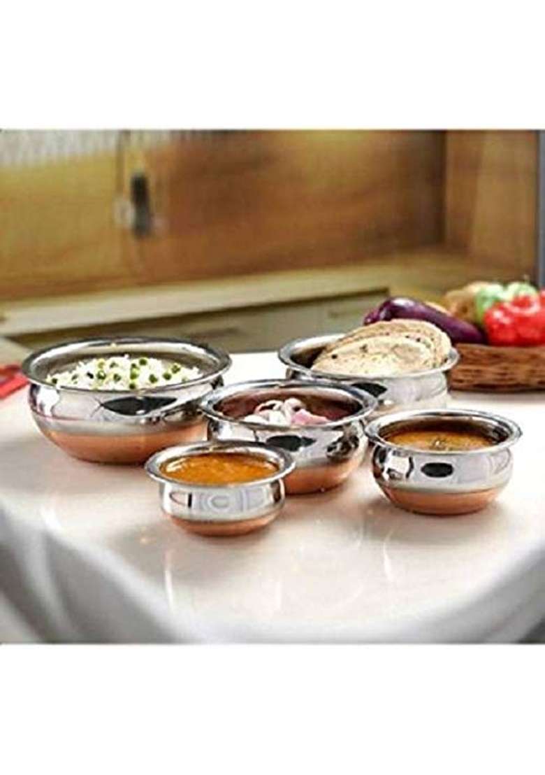 Super HK Stainless Steel Copper Bottom Handi patila Pot Biryani Punjabi Handi Set | 0.5 L | 0.5 Qt | 5-Piece Set - Indya