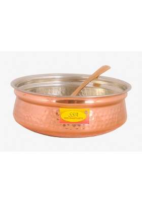 SHIV SHAKTI ARTS Copper Handi Cooking Pot Pan with Serving Spoon | 1 L | 1.1 Qt | Tin Lined Kalai | Hammered Finish