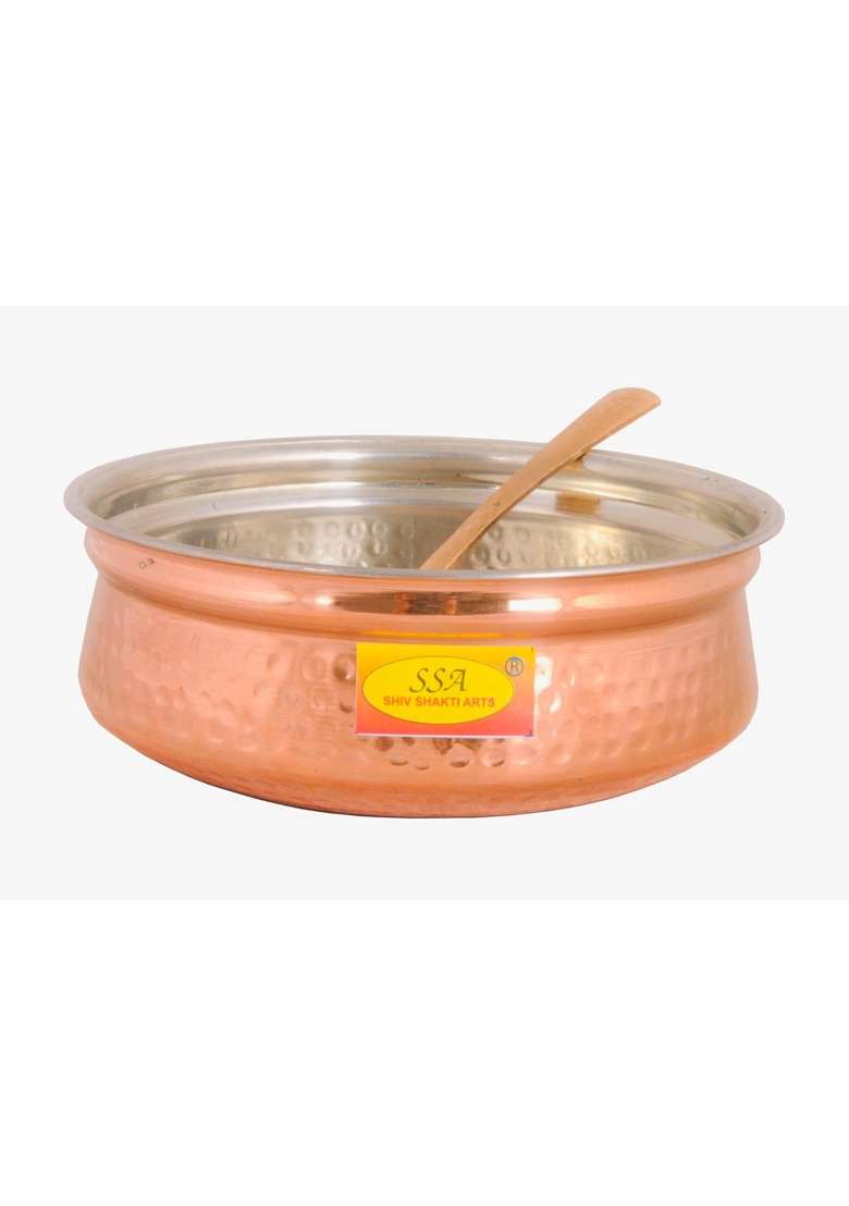 SHIV SHAKTI ARTS Copper Handi Cooking Pot Pan with Serving Spoon | 1 L | 1.1 Qt | Tin Lined Kalai | Hammered Finish - Indya