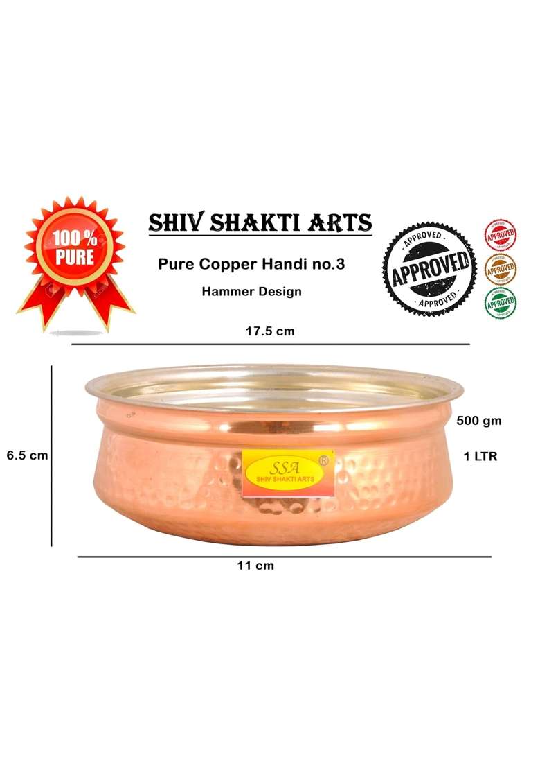 SHIV SHAKTI ARTS Copper Handi Cooking Pot Pan with Serving Spoon | 1 L | 1.1 Qt | Tin Lined Kalai | Hammered Finish - Indya