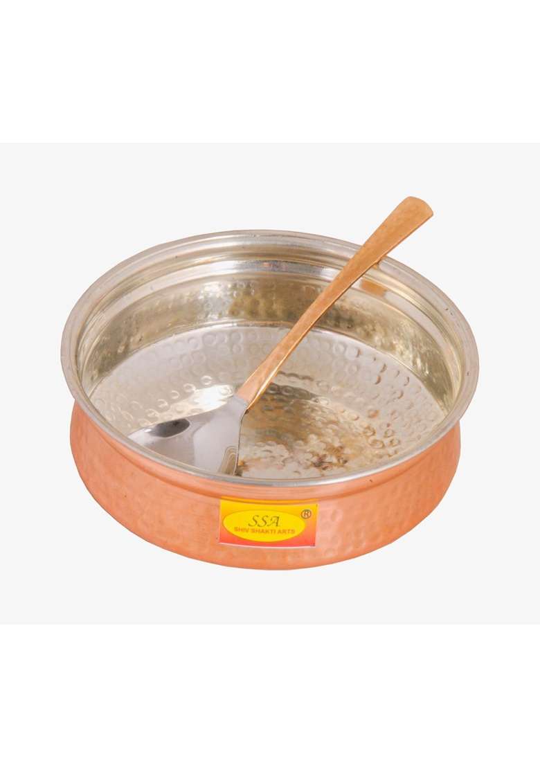SHIV SHAKTI ARTS Copper Handi Cooking Pot Pan with Serving Spoon | 1 L | 1.1 Qt | Tin Lined Kalai | Hammered Finish - Indya