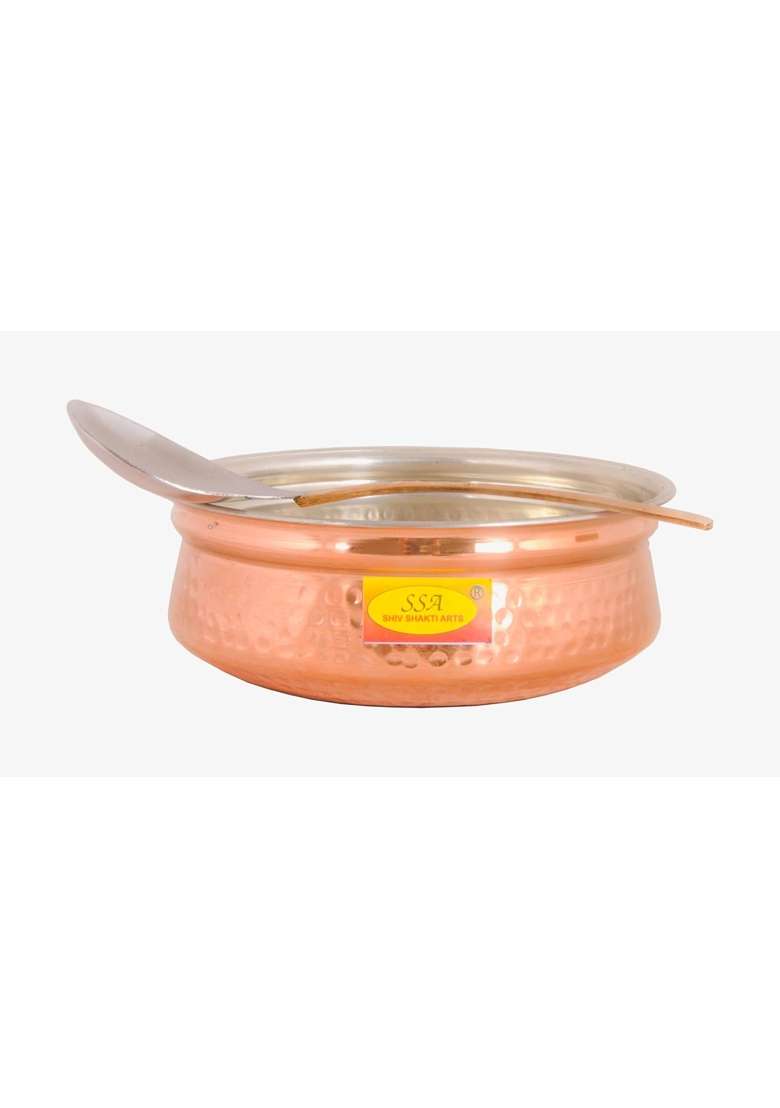 SHIV SHAKTI ARTS Copper Handi Cooking Pot Pan with Serving Spoon | 1 L | 1.1 Qt | Tin Lined Kalai | Hammered Finish - Indya