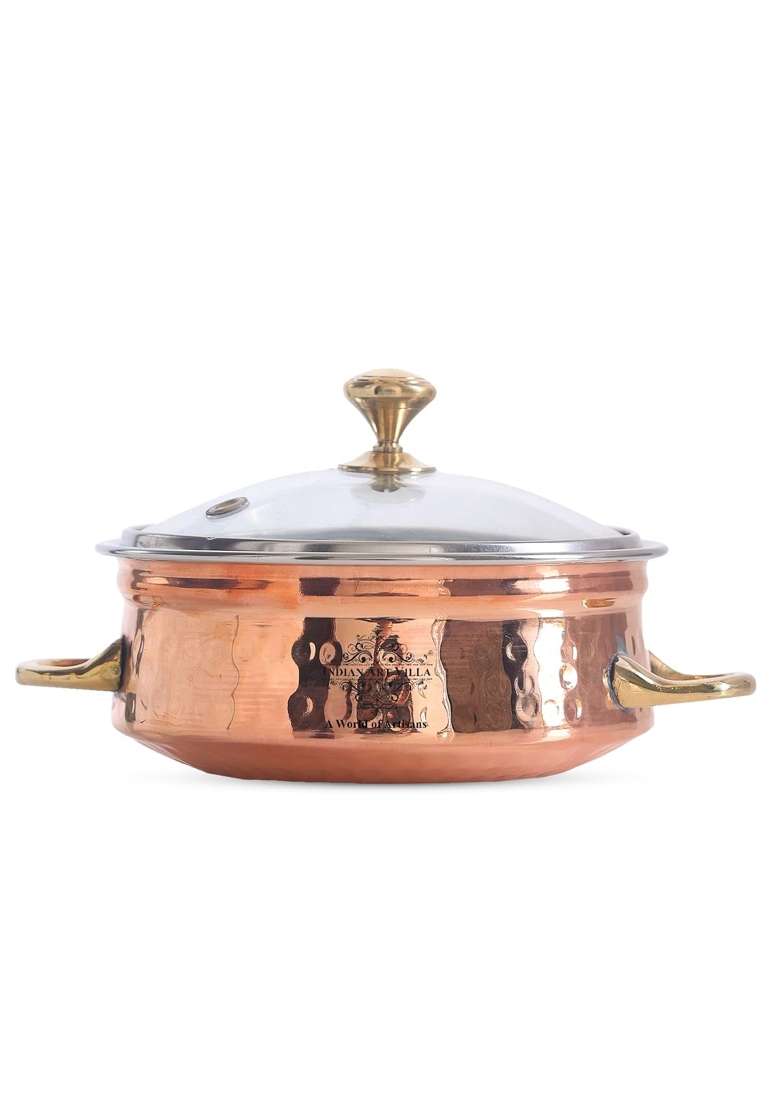 INDIAN ART VILLA IndianArtVilla Steel Copper Handi Cooking Pot Bowl with Glass Lid | 300 ml | 10.1 fl oz - Indya