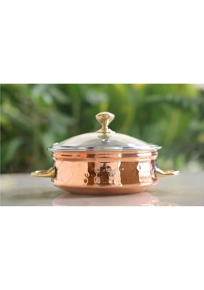 INDIAN ART VILLA IndianArtVilla Steel Copper Handi Cooking Pot Bowl with Glass Lid | 300 ml | 10.1 fl oz - Indya