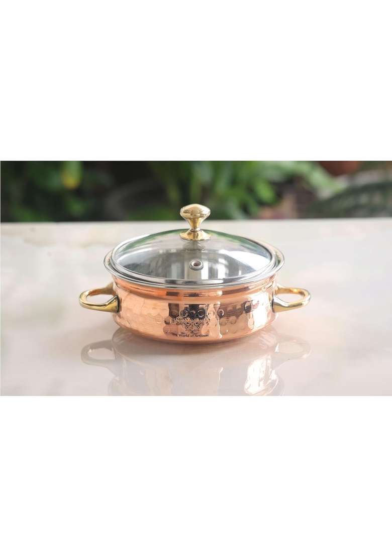 INDIAN ART VILLA IndianArtVilla Steel Copper Handi Cooking Pot Bowl with Glass Lid | 300 ml | 10.1 fl oz - Indya