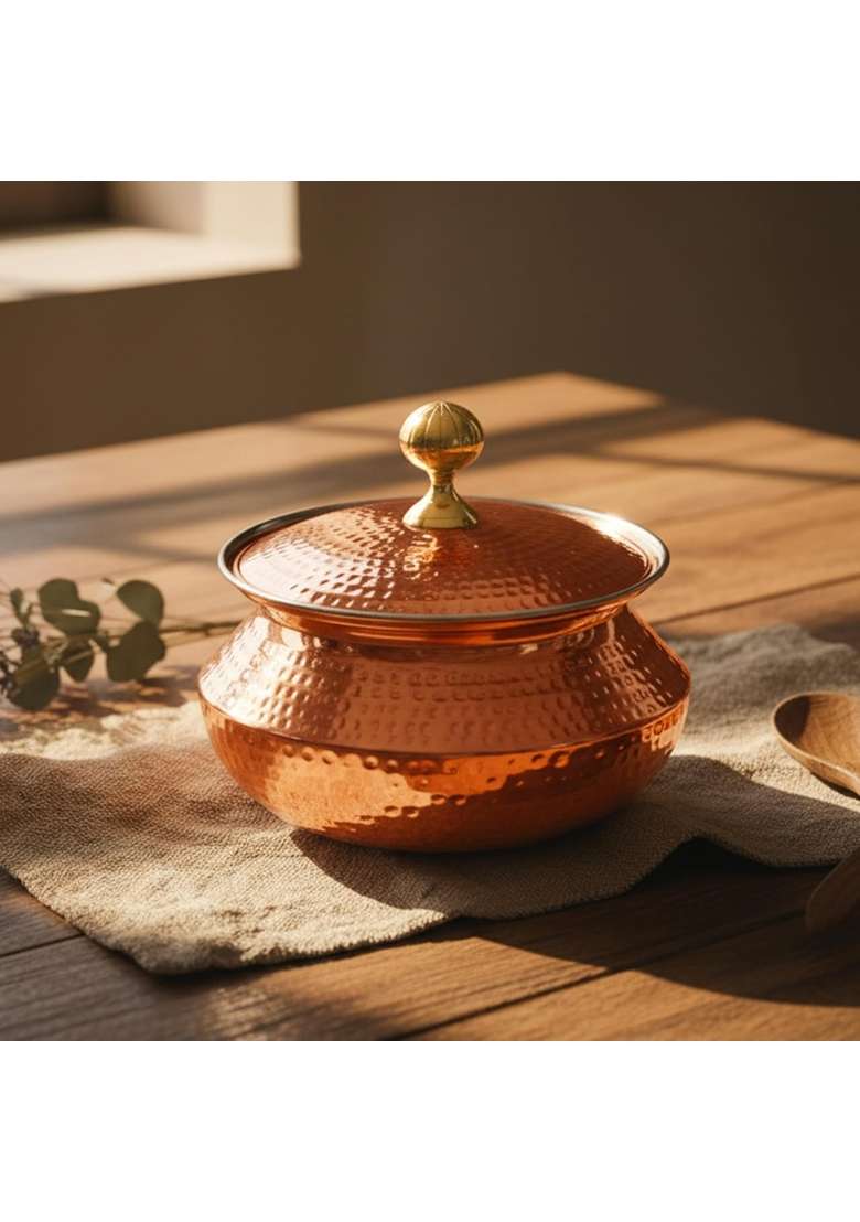 Artarium Hammered Matte Finish Copper Patili Cooking Pot with Lid Modern Copper Biyani Handi | 4.5 L | 4.8 Qt - Indya