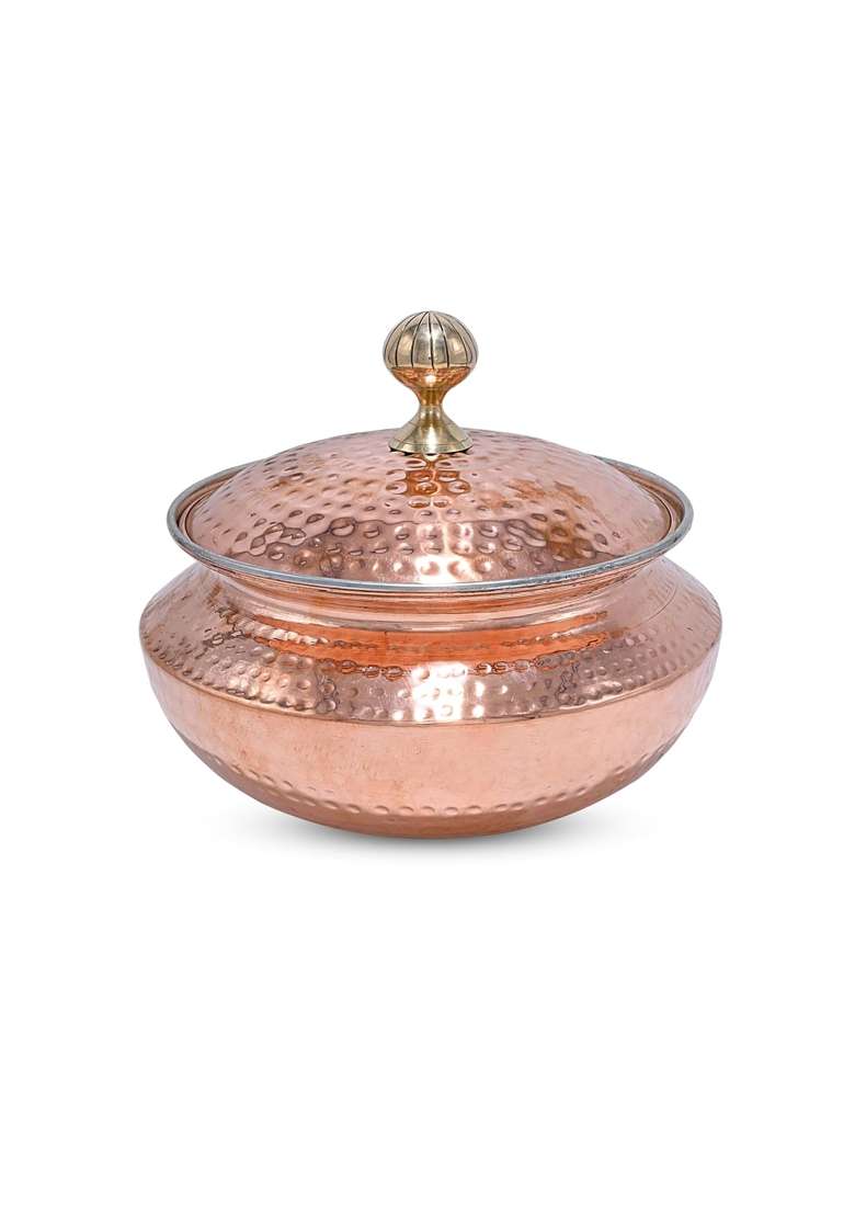 Artarium Hammered Matte Finish Copper Patili Cooking Pot with Lid Modern Copper Biyani Handi | 4.5 L | 4.8 Qt - Indya