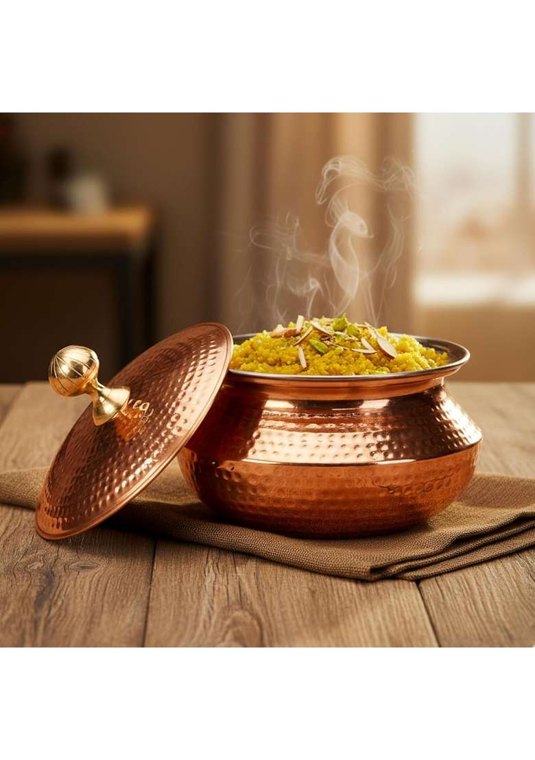 Artarium Hammered Matte Finish Copper Patili Cooking Pot with Lid Modern Copper Biyani Handi | 4.5 L | 4.8 Qt - Indya