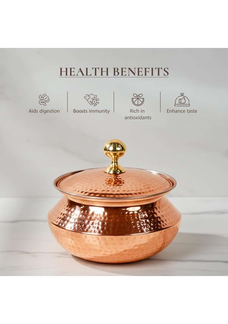 Artarium Hammered Matte Finish Copper Patili Cooking Pot with Lid Modern Copper Biyani Handi | 4.5 L | 4.8 Qt - Indya
