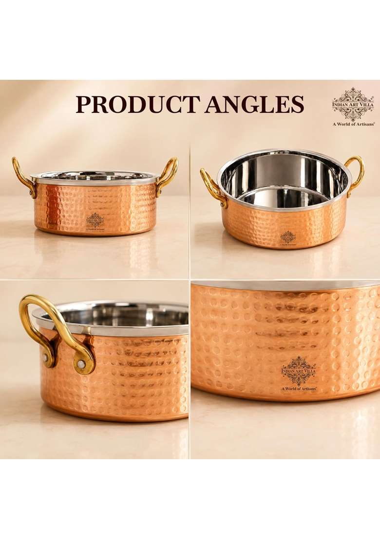 INDIAN ART VILLA Steel Copper Sauce Pot with Brass Handle Serveware for Hotel Restaurant | 300 ml | 10.1 fl oz - Indya