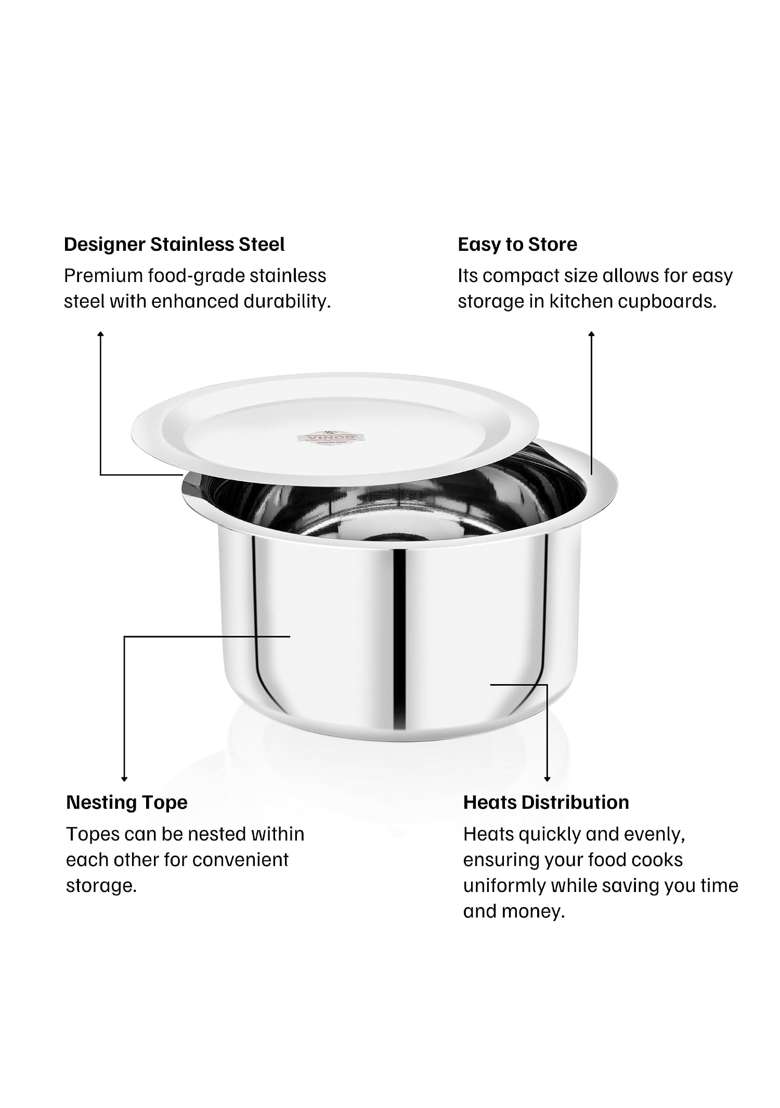 Vinod Stainless Steel Round Bottom Cooking Tope Cooking Pot with Lid | 5000 ml | 169.1 fl oz | 24.5 cm | 9.6 Inch | Food Safe | Rust Resistant - Indya