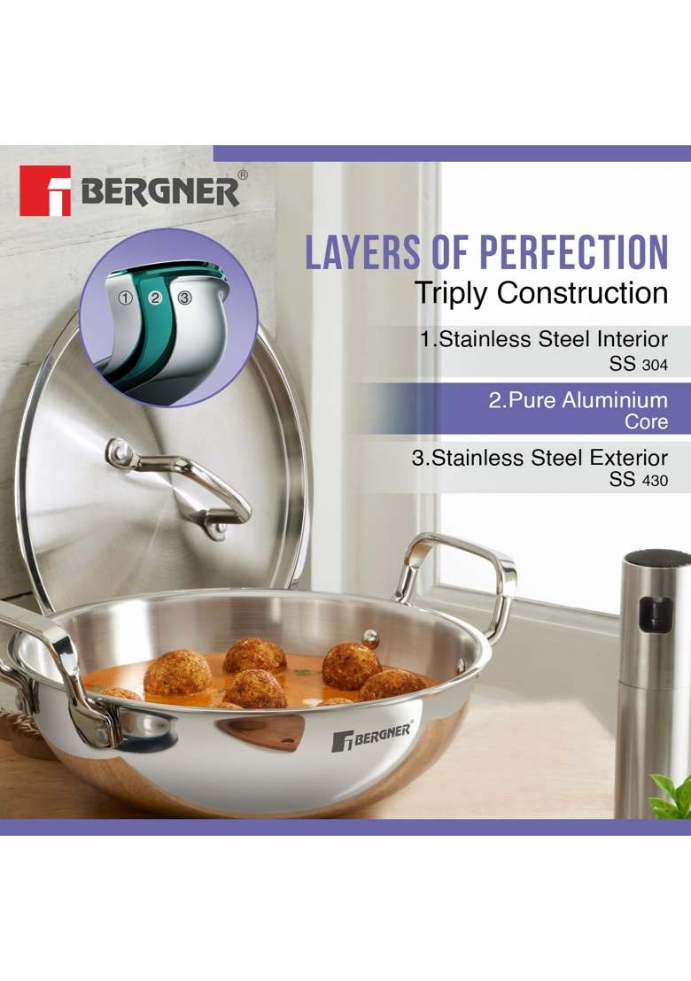 BERGNER Tripro Triply Stainless Steel Cookware Set | 3 L | 3.2 Qt | 24 cm | 9.4 Inch | 5-Piece Set | Induction Compatible | With Lid - Indya