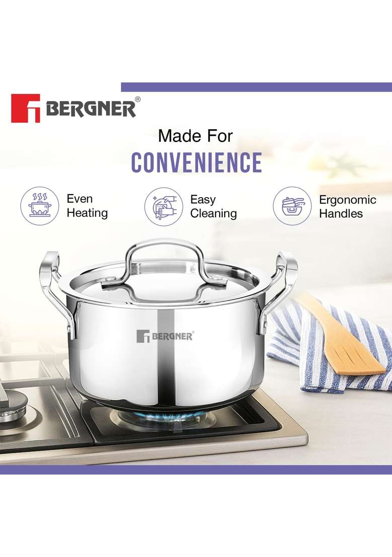 BERGNER Tripro Triply Stainless Steel Cookware Set | 3 L | 3.2 Qt | 24 cm | 9.4 Inch | 5-Piece Set | Induction Compatible | With Lid - Indya
