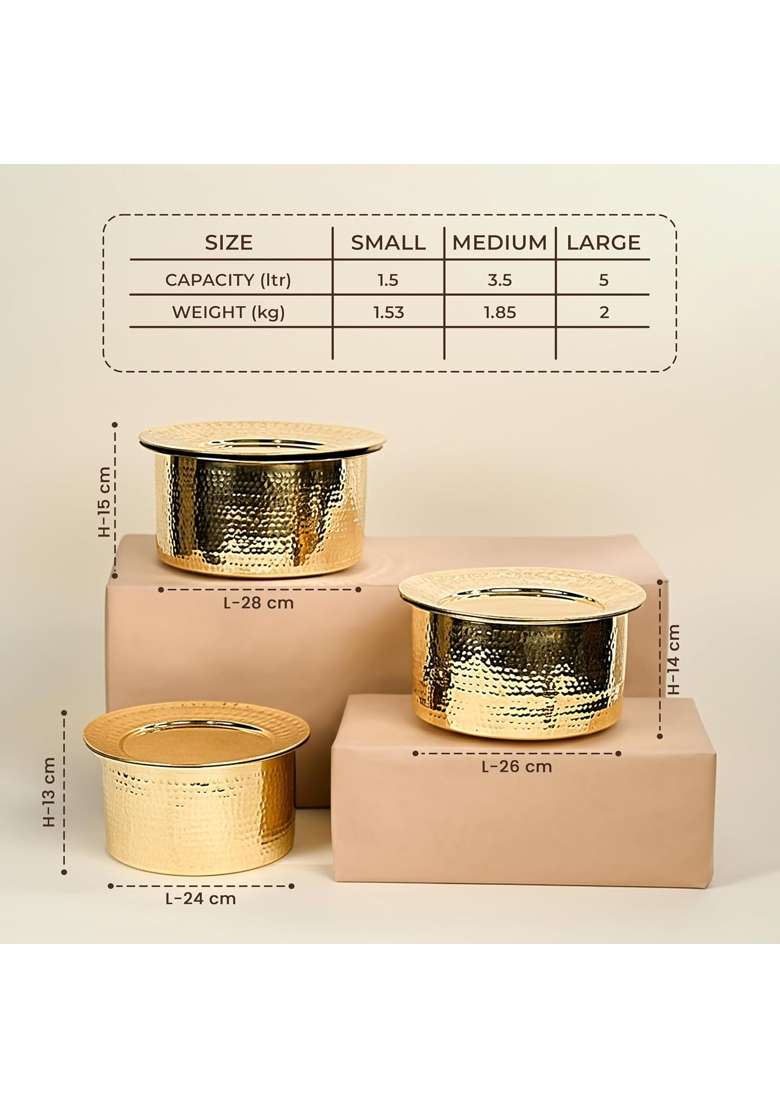 Artarium Pure Brass Lagaan Tin Coated Patila Cooking Pot Hammered Bhagona with Lid Round Tapeli | 3.5 L | 3.7 Qt | Tin Lined Kalai - Indya
