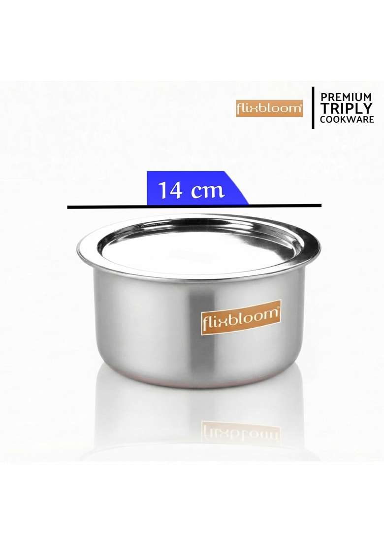 FLIXBLOOM Special Kitchen Triply Stainless Steel Induction Base Cookware | 500 ml | 16.9 fl oz | 14 cm | 5.5 Inch | With Lid - Indya
