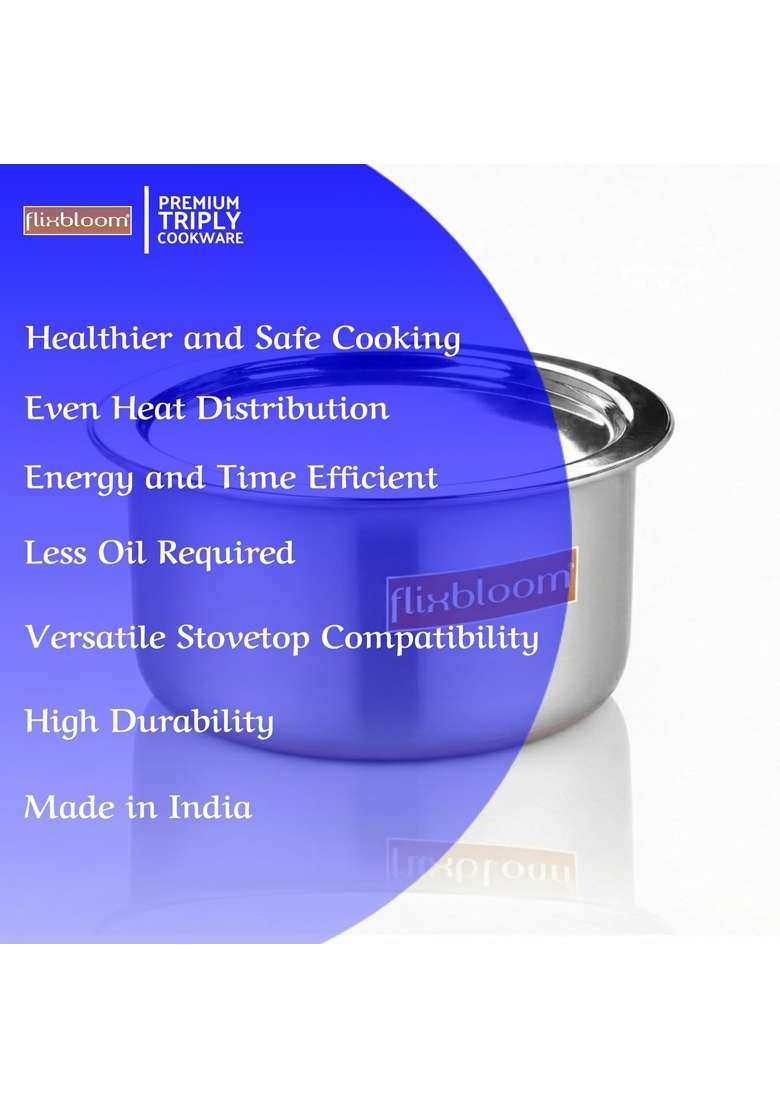 FLIXBLOOM Special Kitchen Triply Stainless Steel Induction Base Cookware | 500 ml | 16.9 fl oz | 14 cm | 5.5 Inch | With Lid - Indya