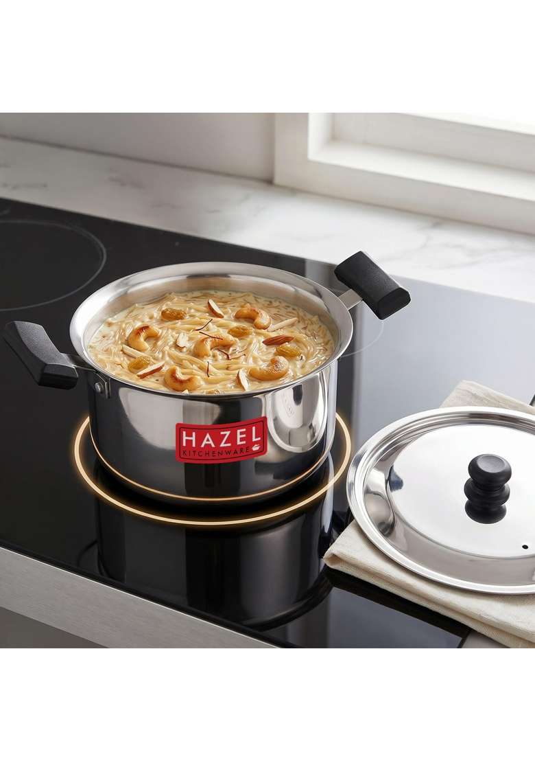 HAZEL Stainless Steel Tope Cooking Pot with Lid | 2.5 L | 2.6 Qt | 17.5 cm | 6.9 Inch | Induction Compatible - Indya