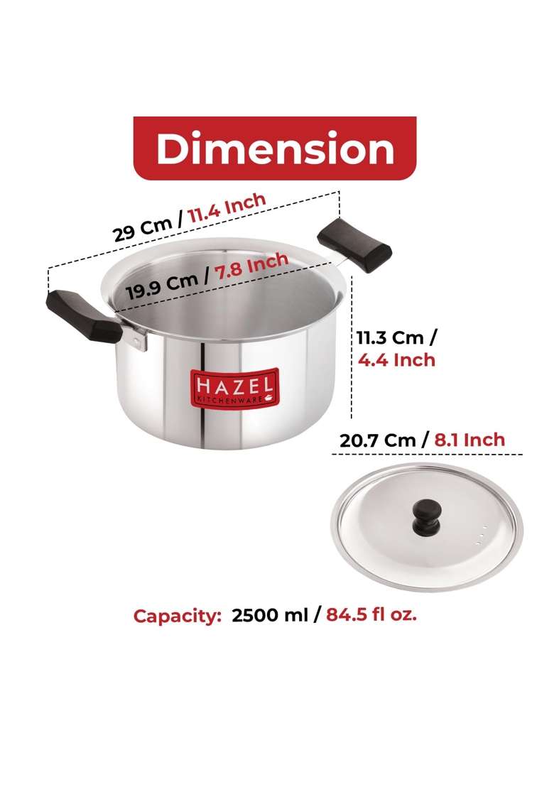 HAZEL Stainless Steel Tope Cooking Pot with Lid | 2.5 L | 2.6 Qt | 17.5 cm | 6.9 Inch | Induction Compatible - Indya