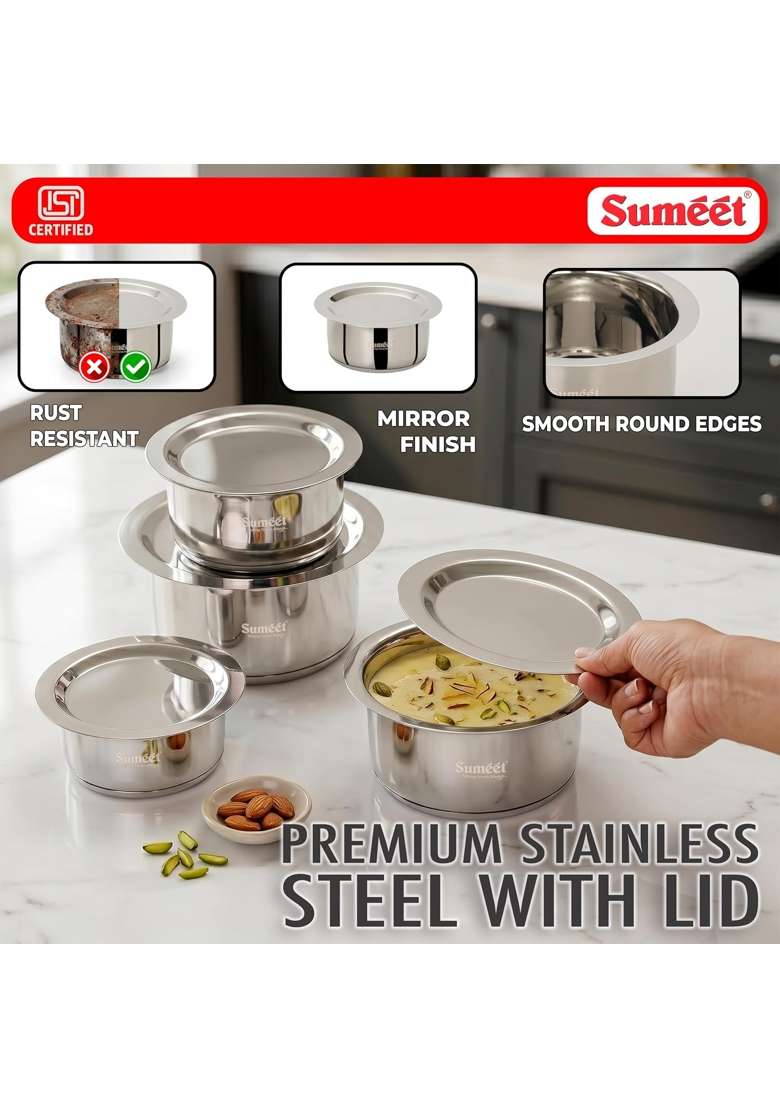 Sumeet ISI Certified Induction Bottom | 350 ml | 11.8 fl oz | 4-Piece Set | With Lid - Indya
