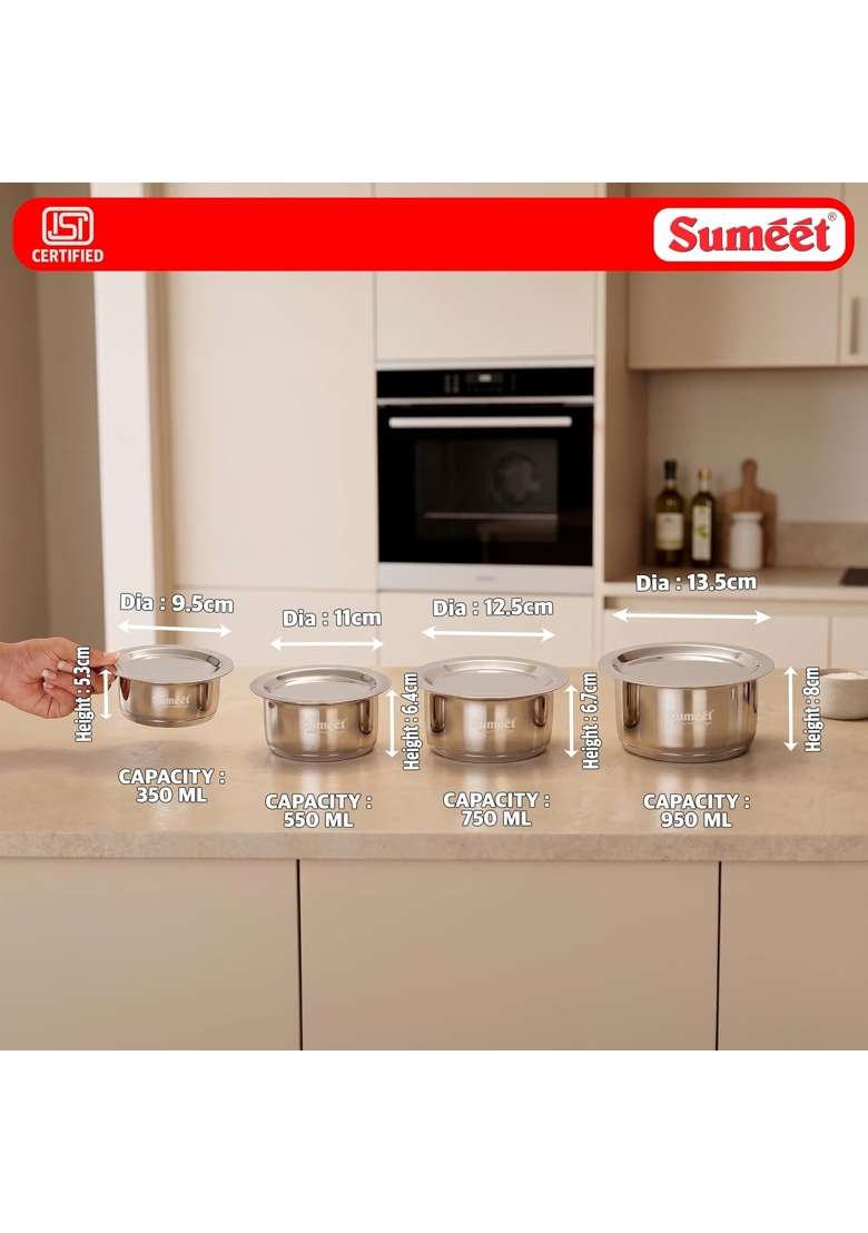 Sumeet ISI Certified Induction Bottom | 350 ml | 11.8 fl oz | 4-Piece Set | With Lid - Indya