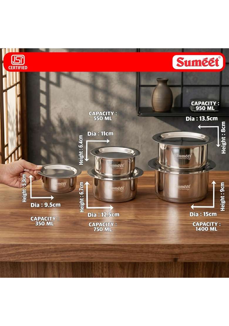 Sumeet ISI Certified Induction Bottom | 350 ml | 11.8 fl oz | 5-Piece Set | With Lid - Indya
