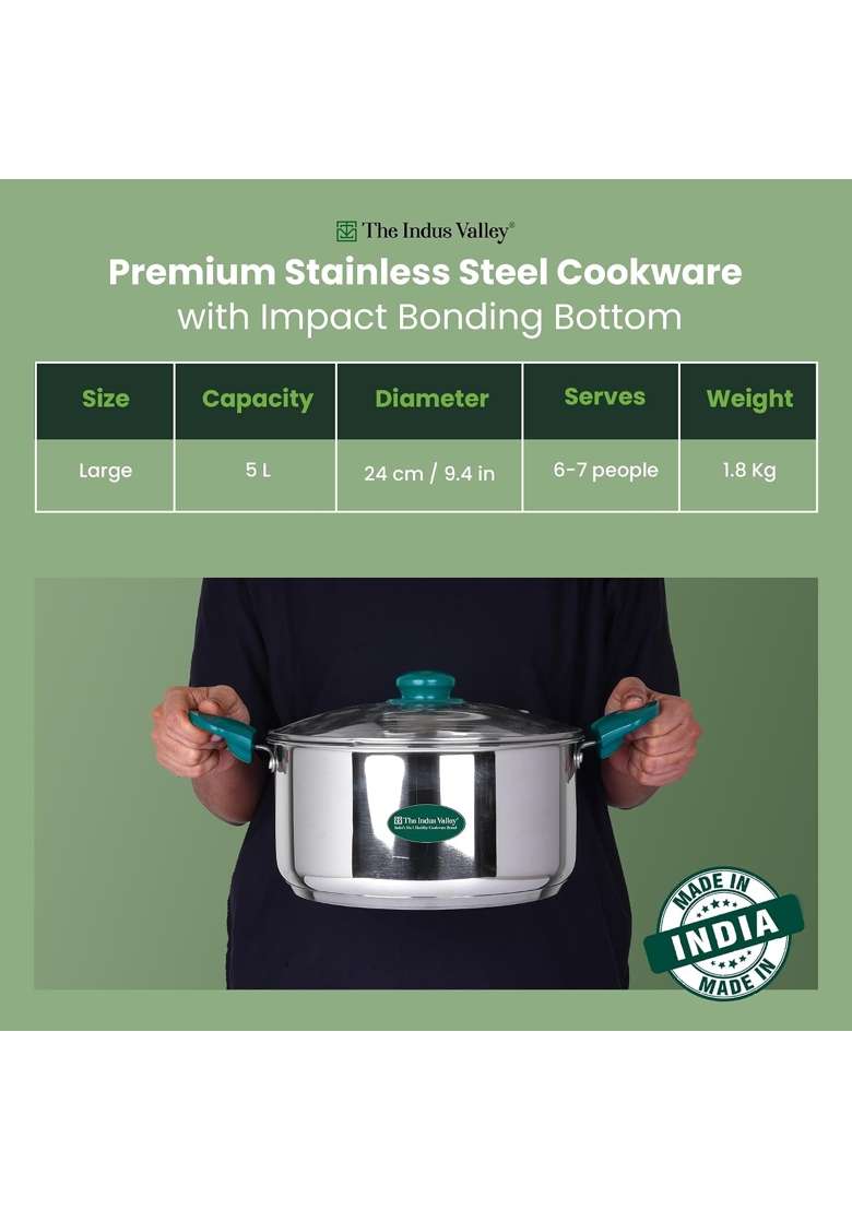 The Indus Valley Stainless Steel Impact Bonded Casserole | 5 L | 5.3 Qt | Induction Compatible | Non-Toxic - Indya